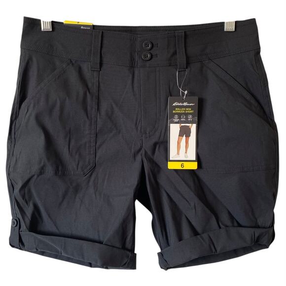 NEW EDDIE BAUER Rolled Hem Bermuda Shorts Size 6 Black Stretch SPF 50 Nylon - Picture 1 of 4